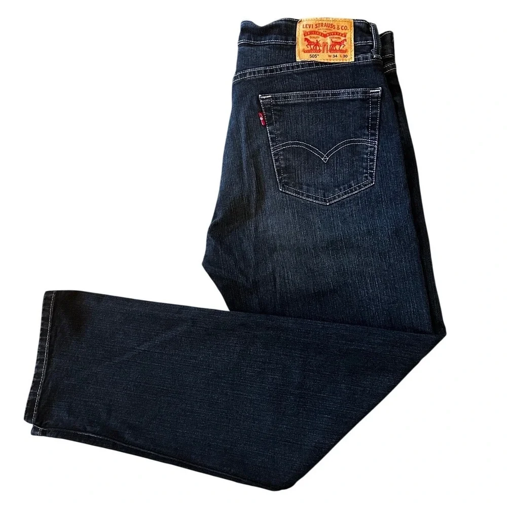 Levis 505 Dark Wash Indigo Blue Regular Fit Straight‎ Leg Jeans Men's W34 L30